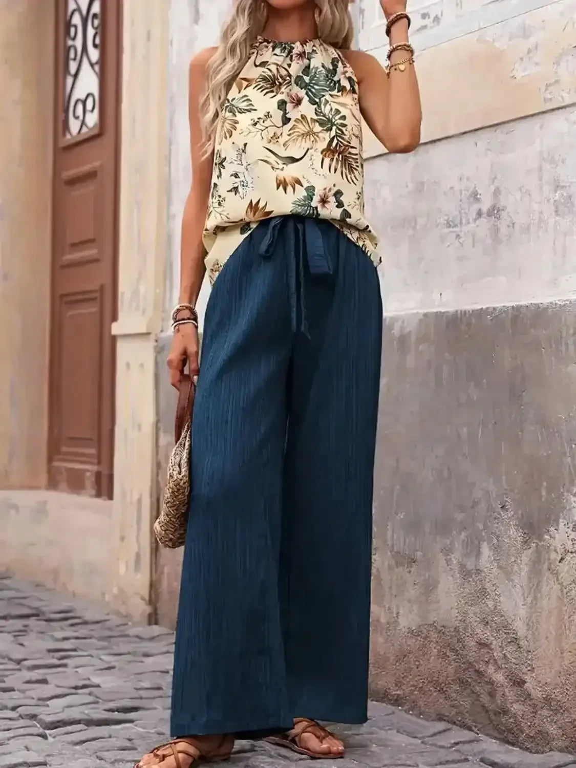 Printed Tank Top and Wide Leg Pants Set - Whatever You Like Shop