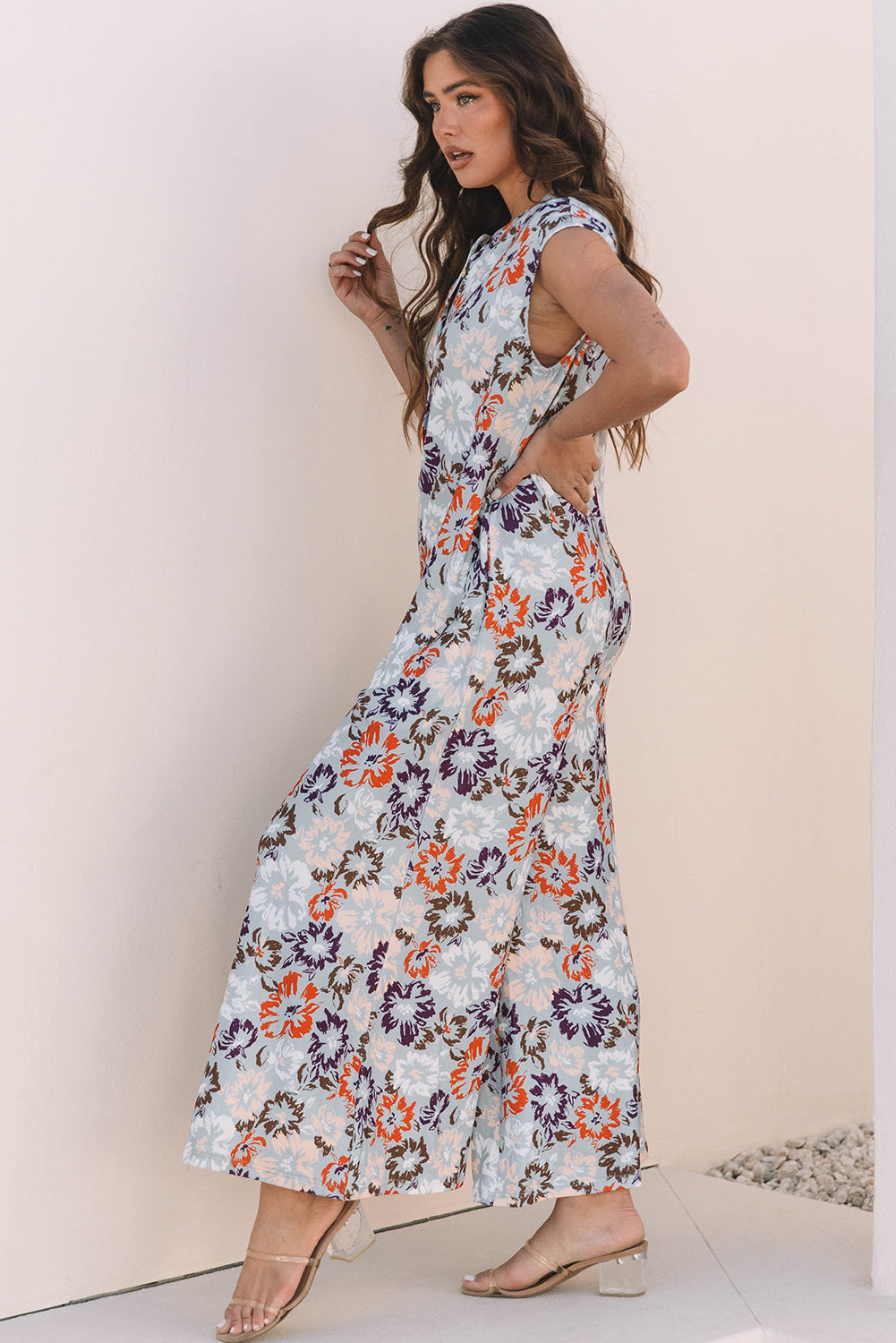 Floral Buttoned Sleeveless Wide Leg Jumpsuit