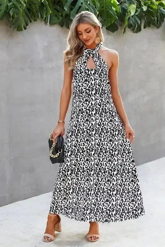 Animal Print Backless Halter Flowing Maxi Dress - Whatever You Like Shop