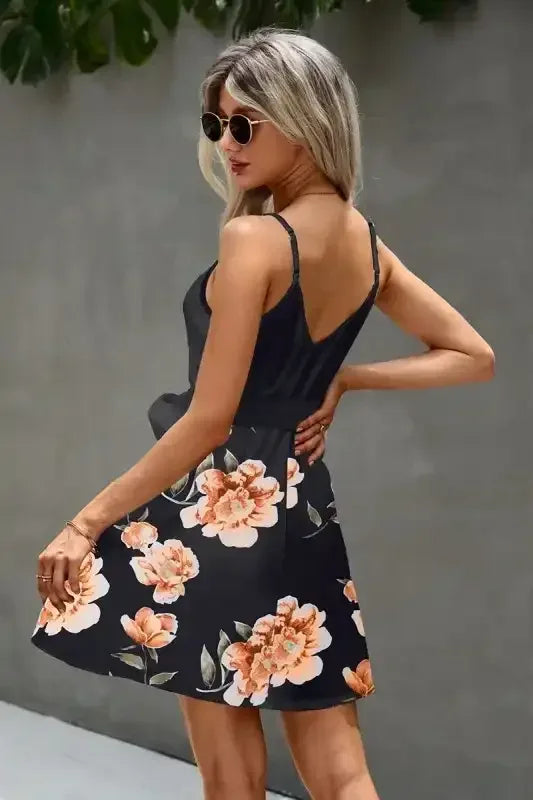 Floral V Neck Spaghetti Strap Belted Cami Dress - Whatever You Like Shop