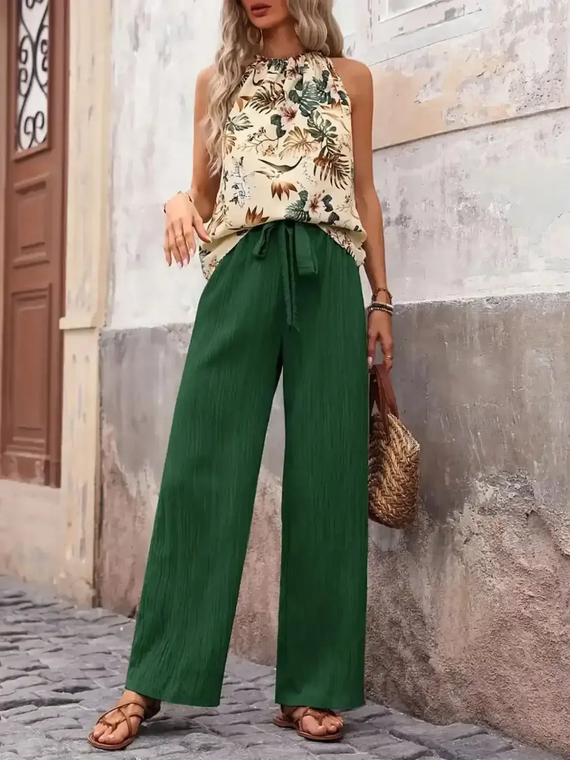 Printed Tank Top and Wide Leg Pants Set - Whatever You Like Shop