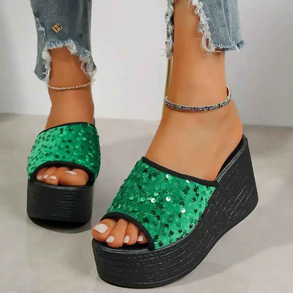 Rhinestone Peep Toe Wedge Sandals - Whatever You Like Shop