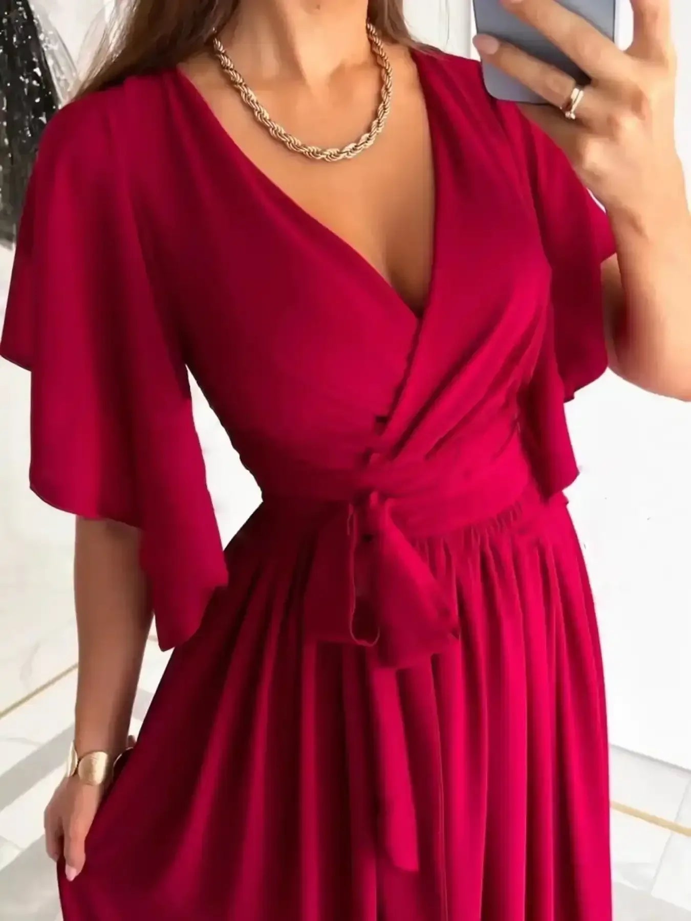 Flutter Sleeve Surplice Tie Waist Dress - Whatever You Like Shop