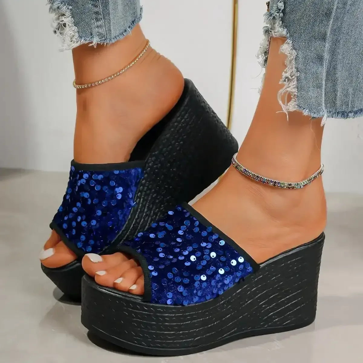 Rhinestone Peep Toe Wedge Sandals - Whatever You Like Shop