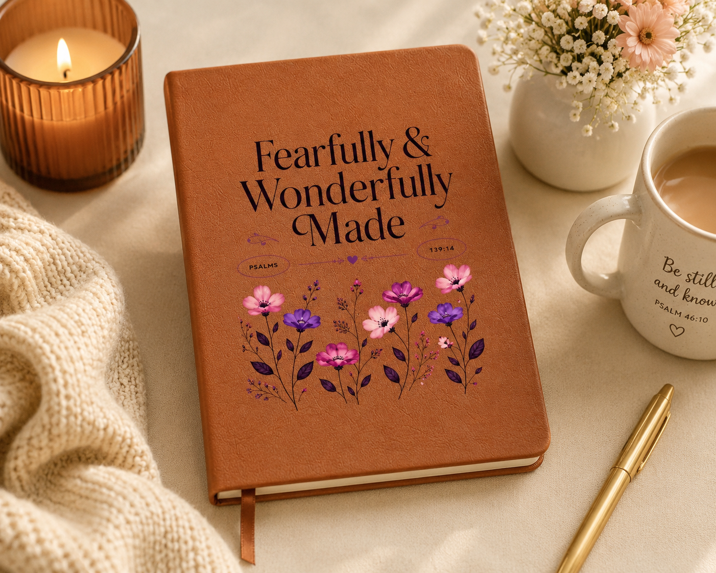 Fearfully Wonderfully Made Journal | Psalm 139:14 Leather-Look Bible Verse Notebook