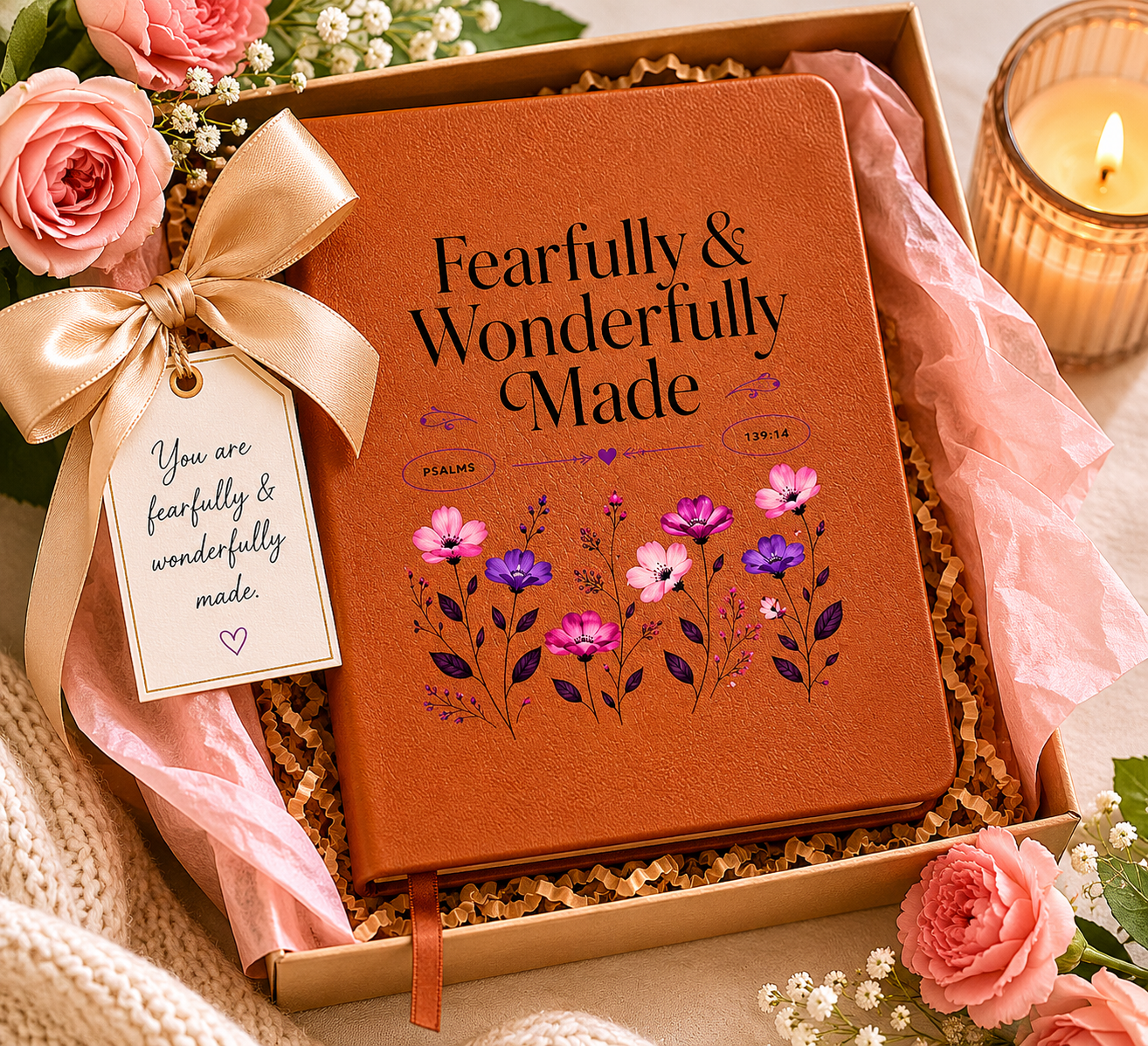 Fearfully Wonderfully Made Journal | Psalm 139:14 Leather-Look Bible Verse Notebook