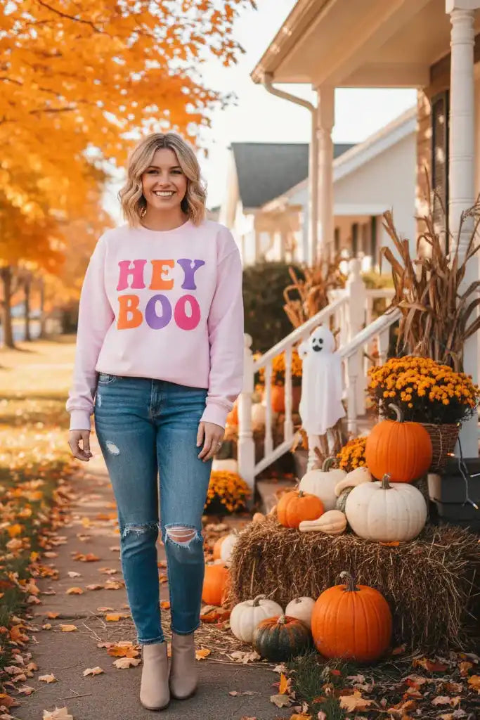 Woman wearing a 'HEY BOO' sweater standing in front of a decorated house with pumpkins and fall foliage.