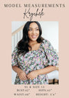 Model Krychele wearing a floral dress with model measurements displayed.