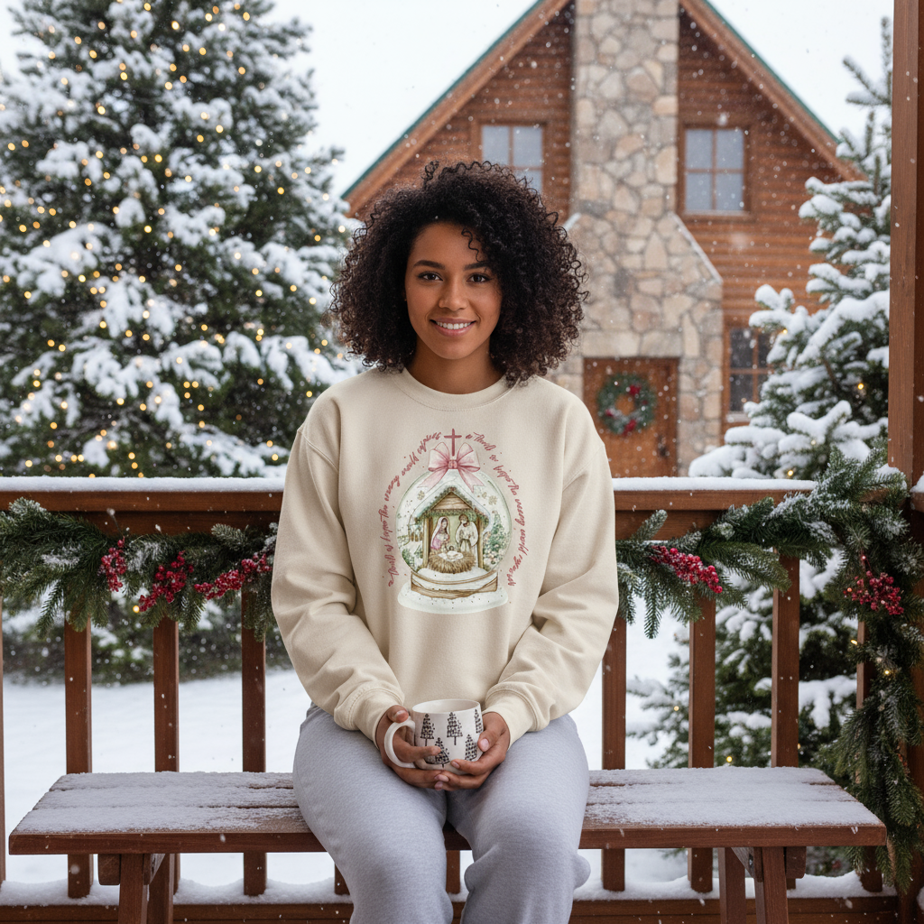 Woman sitting on a wooden bench in front of a snowy cabin with Christmas decorations.