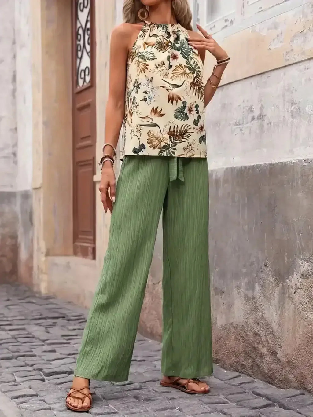 Printed Tank Top and Wide Leg Pants Set - Whatever You Like Shop