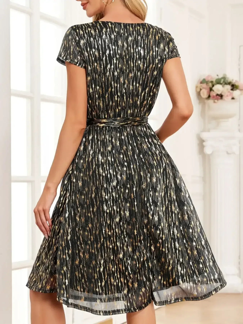 V-Neck Metallic Print Dress - Whatever You Like Shop