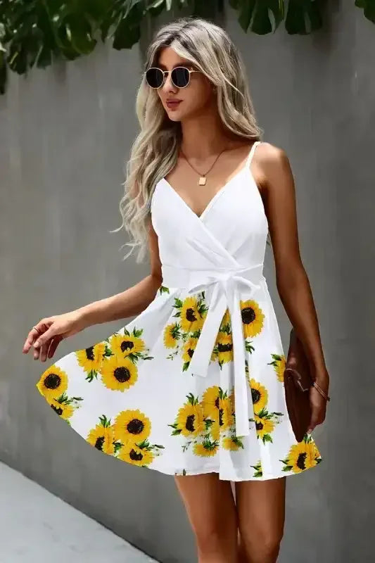 Floral V Neck Spaghetti Strap Belted Cami Dress - Whatever You Like Shop