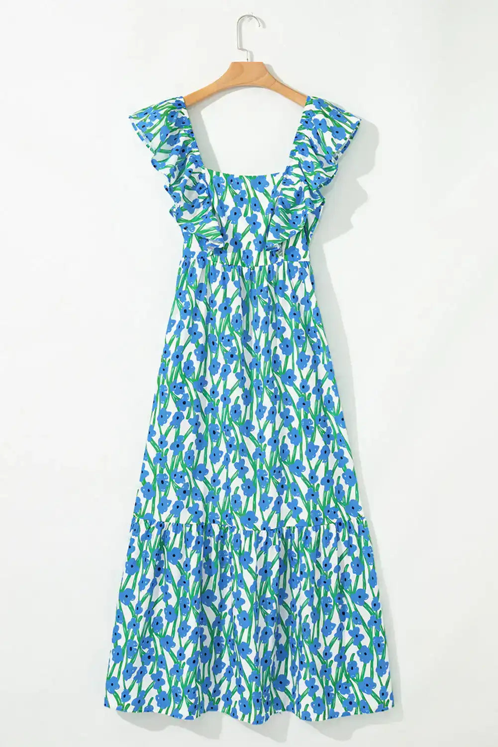 Blue and green floral maxi dress with ruffled straps on hanger, summer women’s fashion