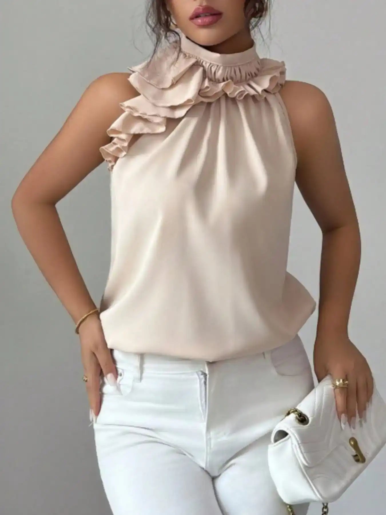 Ruffle High Neck Sleeveless Top