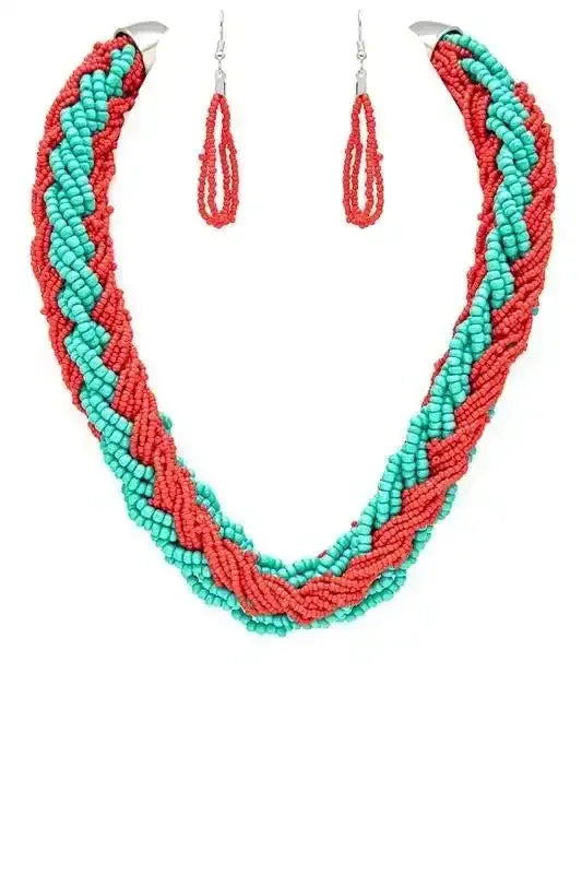 Braided Seed Beads Statement 2 Tone Necklace Set - Whatever You Like Shop