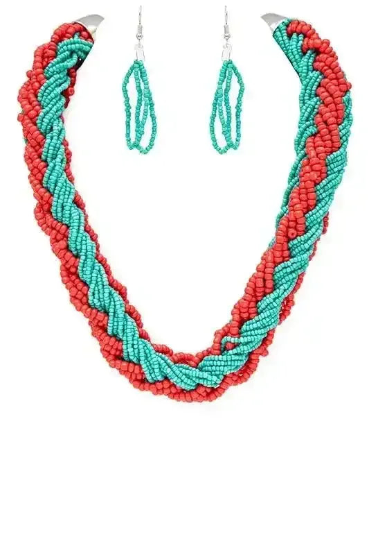 Braided Seed Beads Statement 2 Tone Necklace Set - Whatever You Like Shop
