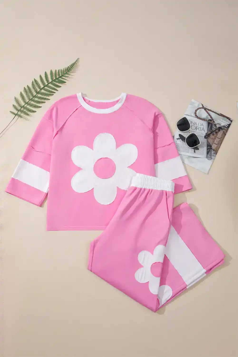 Flower Patched Raw Seam Loose Pants Set