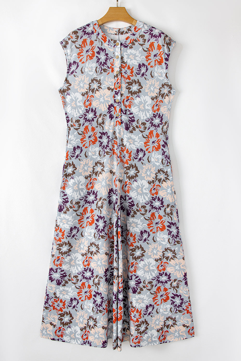 Floral Buttoned Sleeveless Wide Leg Jumpsuit