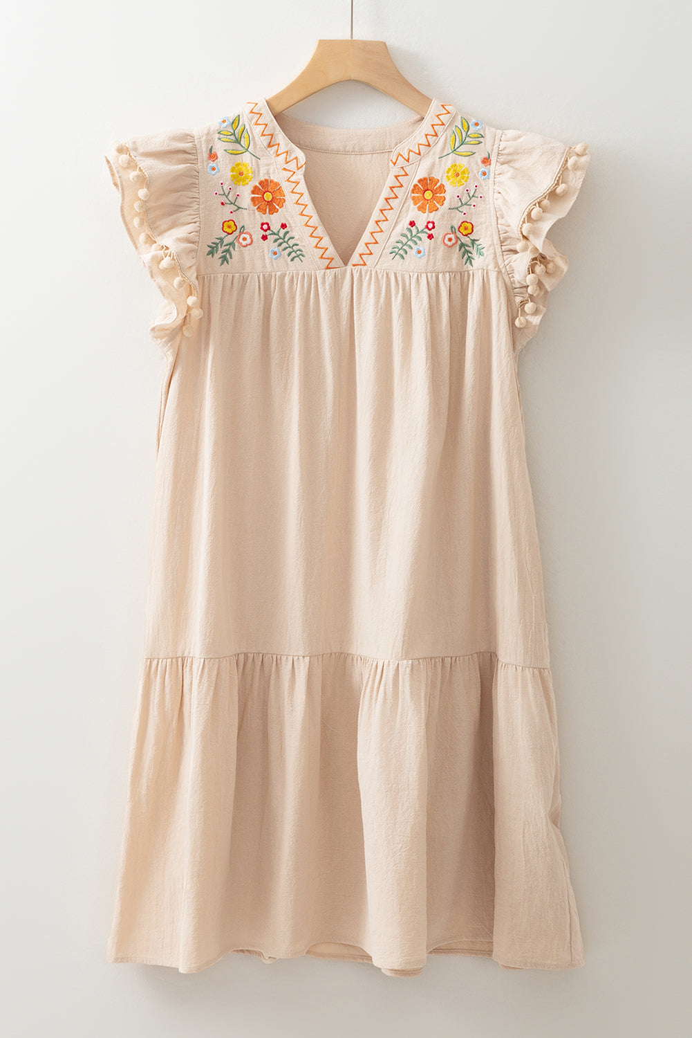 Floral Embroidered Pom Pom Ruffle Sleeve Dress