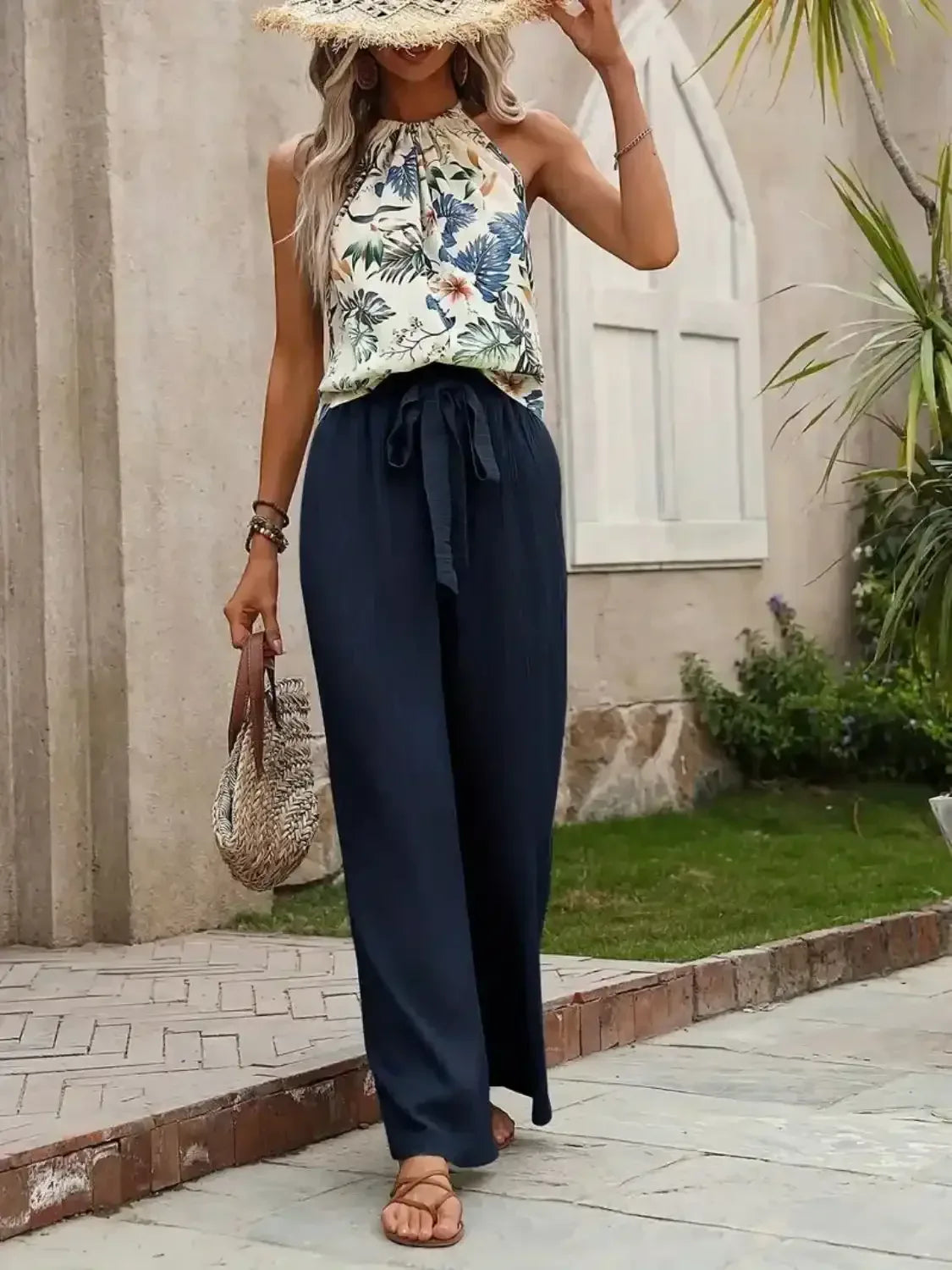Printed Tank Top and Wide Leg Pants Set - Whatever You Like Shop
