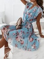 Floral Surplice Ruffled Cap Sleeve Dress - Whatever You Like Shop
