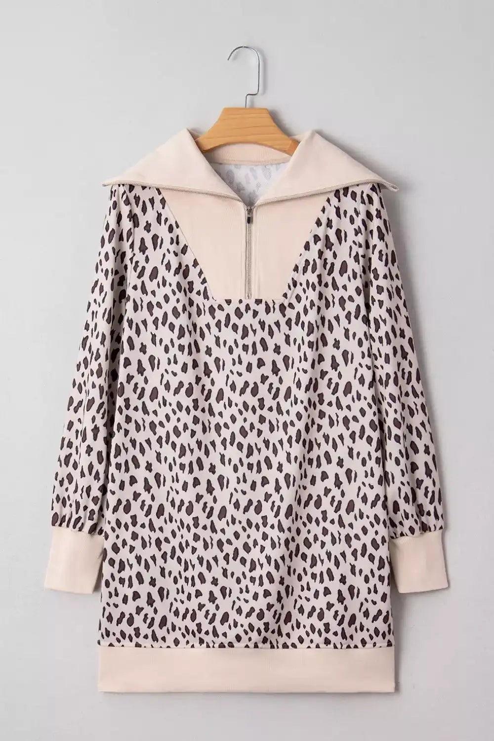 Beige long sleeve leopard print pullover sweatshirt with half zip collar, casual women's fashion