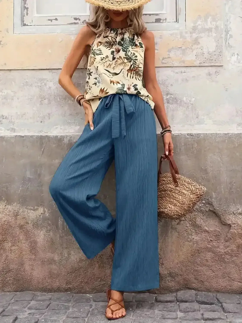 Printed Tank Top and Wide Leg Pants Set - Whatever You Like Shop