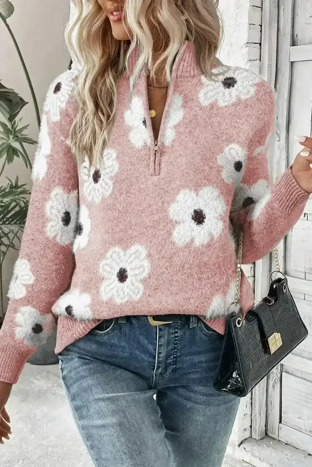 Flower Half Zip Sweater - Whatever You Like Shop