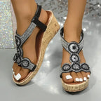 Rhinestone Embellished Cork Wedge Sandals - Whatever You Like Shop