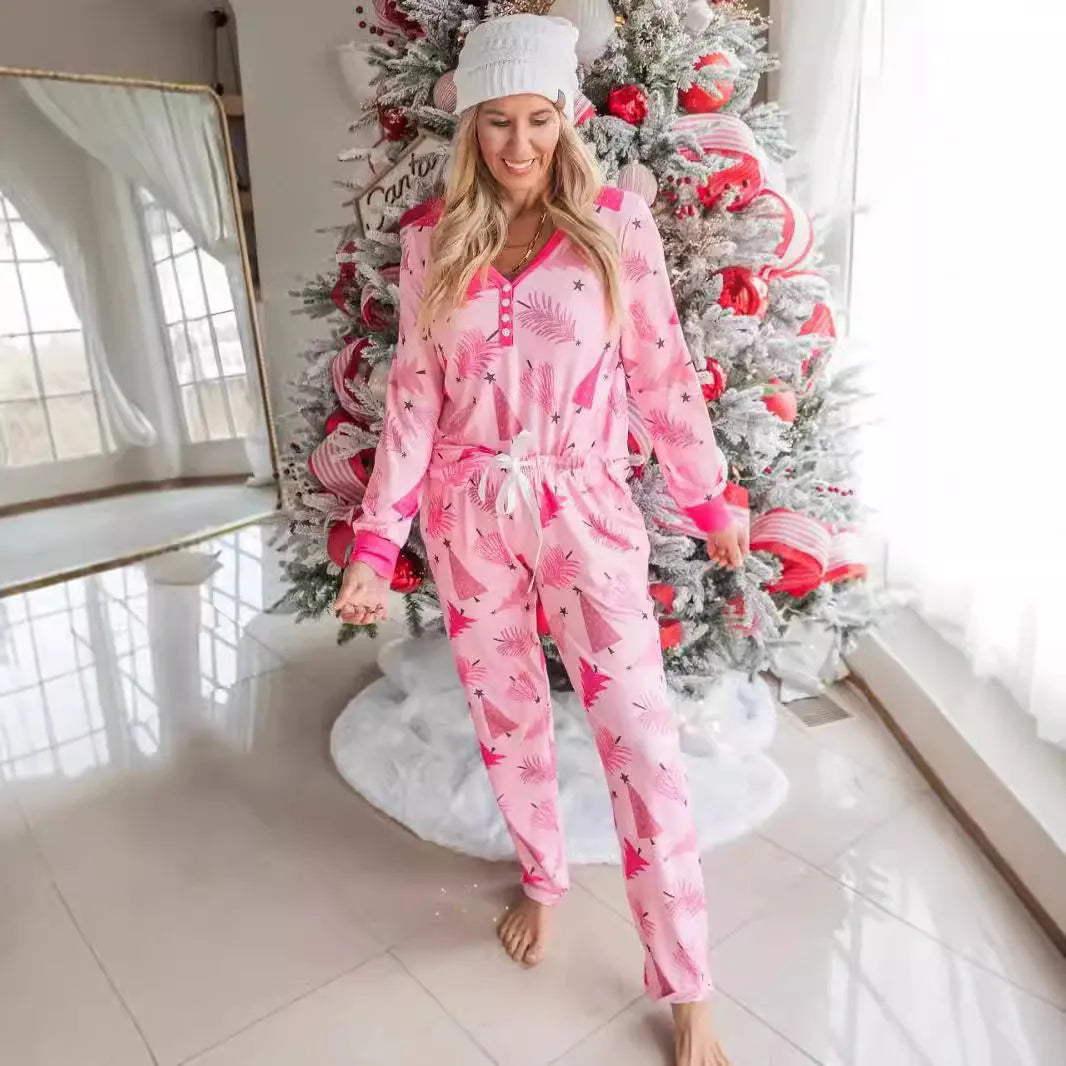 Christmas Pajamas Suit Christmas Tree Printed Long Sleeve Button Two-piece Set - Whatever You Like Shop