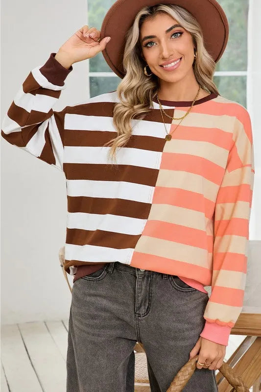 Color Block Drop Shoulder Pullover Sweatshirt - Whatever You Like Shop