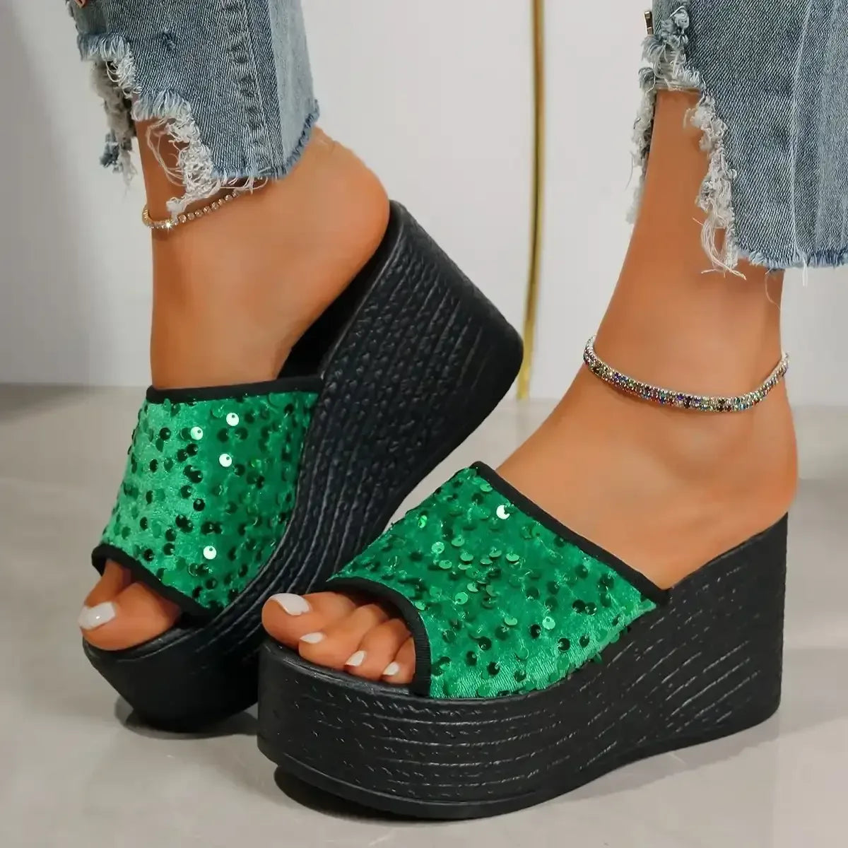 Rhinestone Peep Toe Wedge Sandals - Whatever You Like Shop