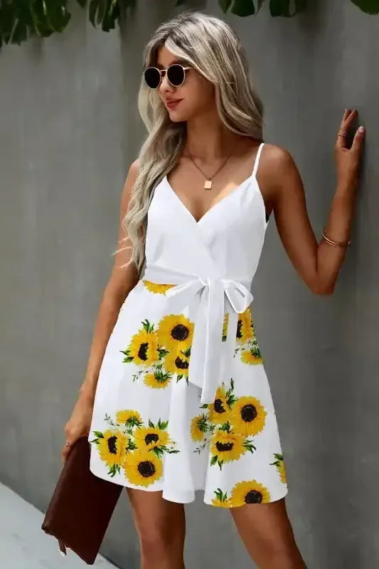 Floral V Neck Spaghetti Strap Belted Cami Dress - Whatever You Like Shop