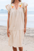 Floral Embroidered Pom Pom Ruffle Sleeve Dress