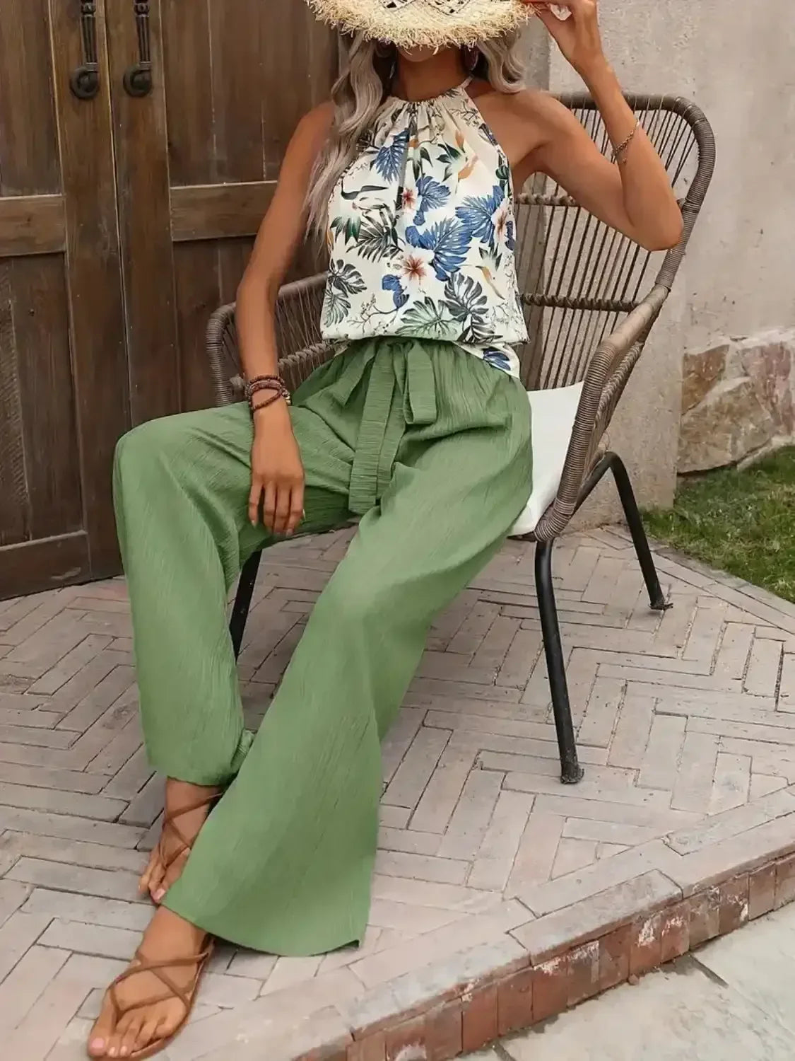 Printed Tank Top and Wide Leg Pants Set - Whatever You Like Shop