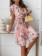 Floral Surplice Ruffled Cap Sleeve Dress - Whatever You Like Shop