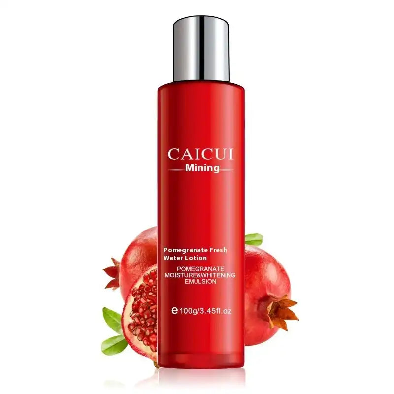 Red bottle of CAICUI Pomegranate Fresh Water Lotion with pomegranate graphics on a white background