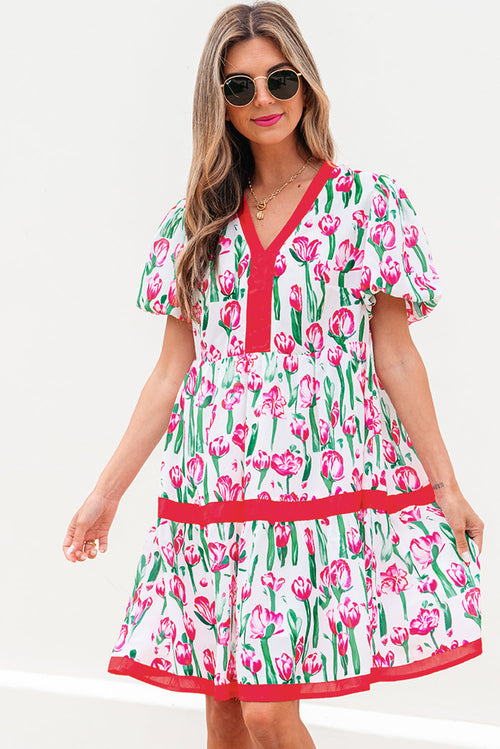 Floral Contrast Trim V-Neck Babydoll Dress