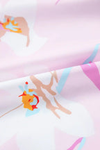 Colorful abstract design on a fabric swatch with pink, orange, and blue colors.