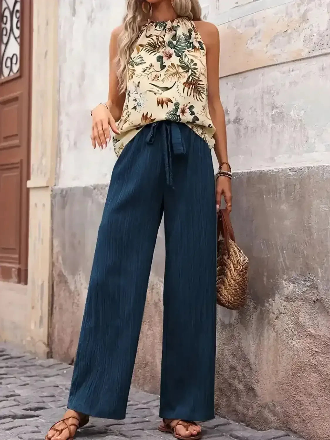 Printed Tank Top and Wide Leg Pants Set - Whatever You Like Shop