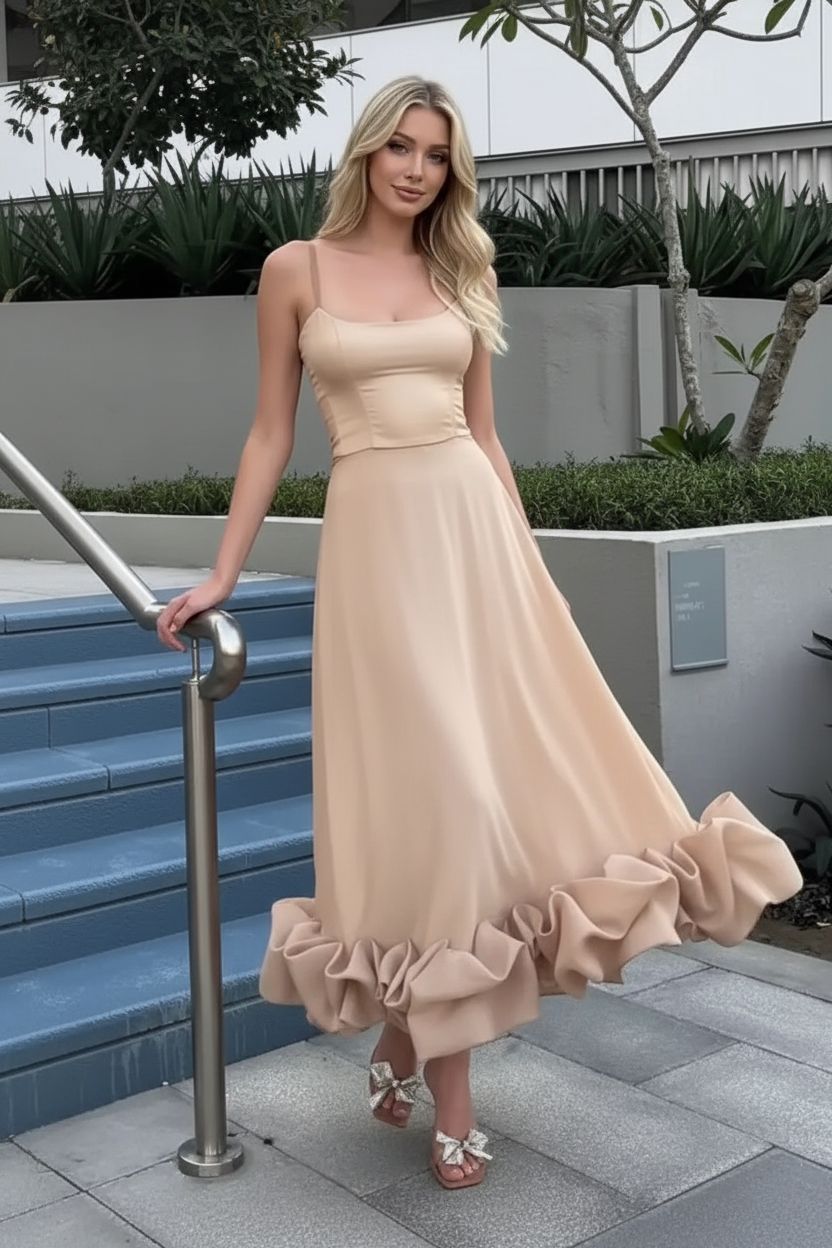 Ruffle Hem Scoop Neck Midi Dress