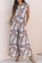 Floral Buttoned Sleeveless Wide Leg Jumpsuit
