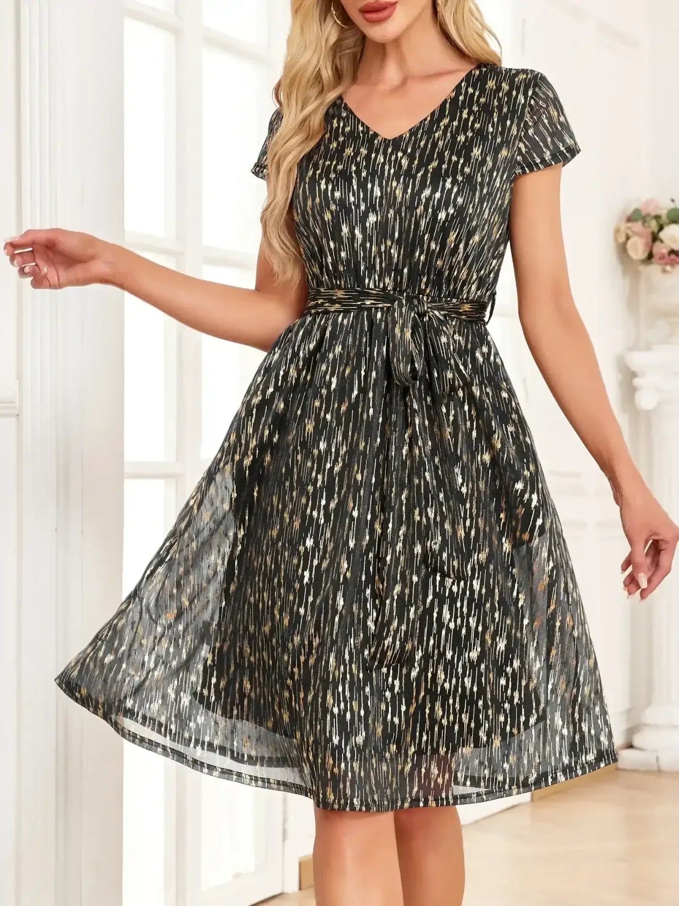 V-Neck Metallic Print Dress - Whatever You Like Shop