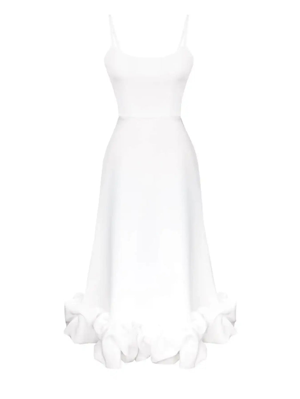 White ruffle hem midi dress with spaghetti straps for women's boutique fashion