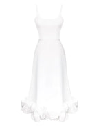 White ruffle hem midi dress with spaghetti straps for women's boutique fashion