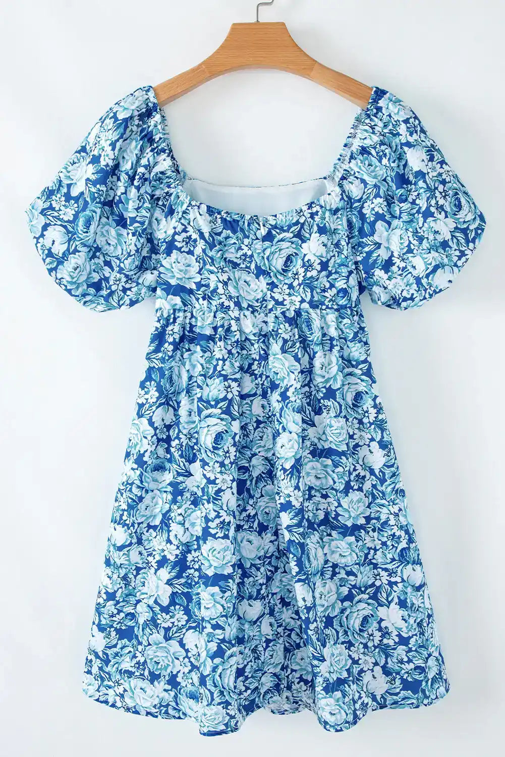 Blue floral print short-sleeve dress with puff sleeves and square neckline