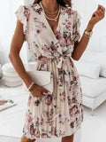 Floral Surplice Ruffled Cap Sleeve Dress - Whatever You Like Shop