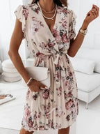 Floral Surplice Ruffled Cap Sleeve Dress - Whatever You Like Shop