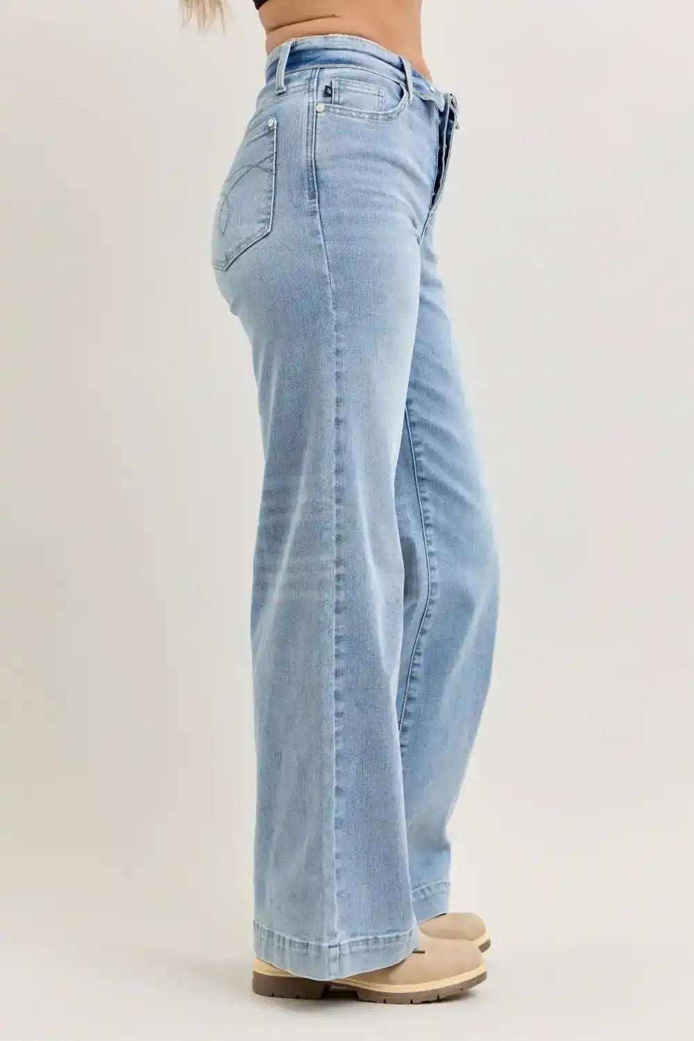 Judy Blue Mid Rise Retro Wide Leg Jeans with Fold-over Waistband
