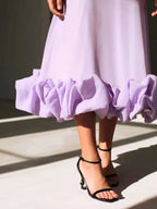 Lavender ruffle hem dress with black ankle strap heels for trendy women's fashion